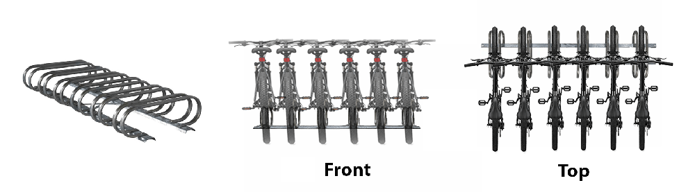 Low profile bike rack diagram showing front and top view layout for compact bike parking in space-constrained areas